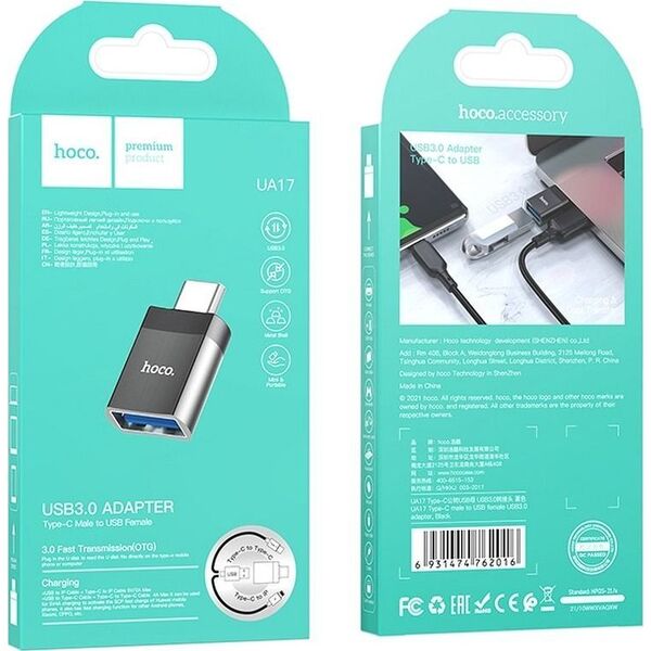 Hoco HOCO ADAPTER OTG ZE ZŁĄCZA TYP C DO USB A (ŻEŃSKI) UA17 CZARNY