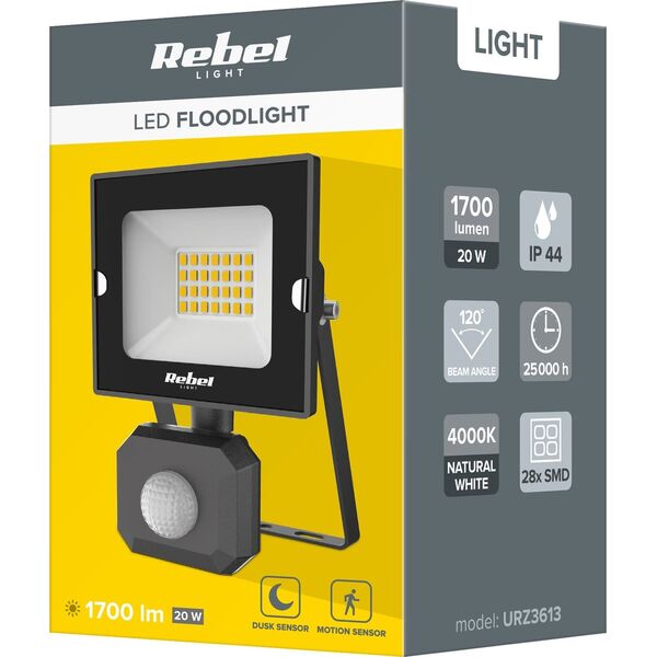 Naświetlacz Rebel Reflektor LED 20W z sensorem ruchu i zmierzchu, 4000K, 230V
