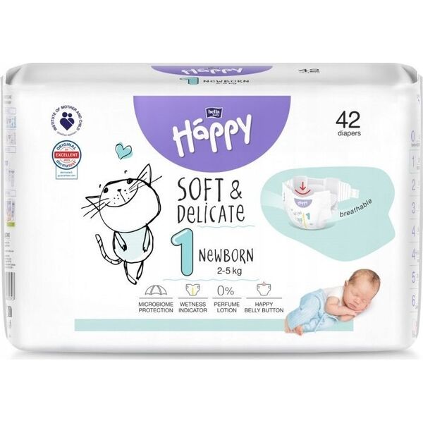 Happy HAPPY Newborn (2-5kg) diapers 42pcs, size 1 NEW, BB-054-NB42-W01