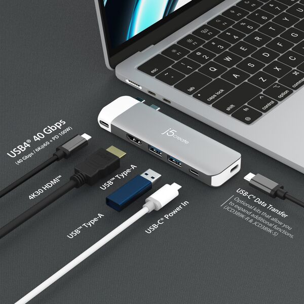 HUB USB j5create j5create JCD394-N huby i koncentratory 2 x USB 3.2 Gen 2 (3.1 Gen 2) Type-C 5000 Mbit/s Szary, Biały