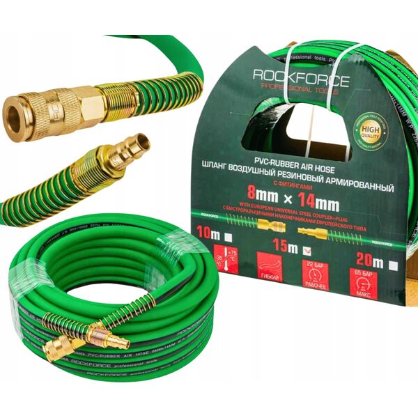 Rockforce Wąż gumowy pneumatyczny zbrojony 8mm x 15m z szybkozłączkami