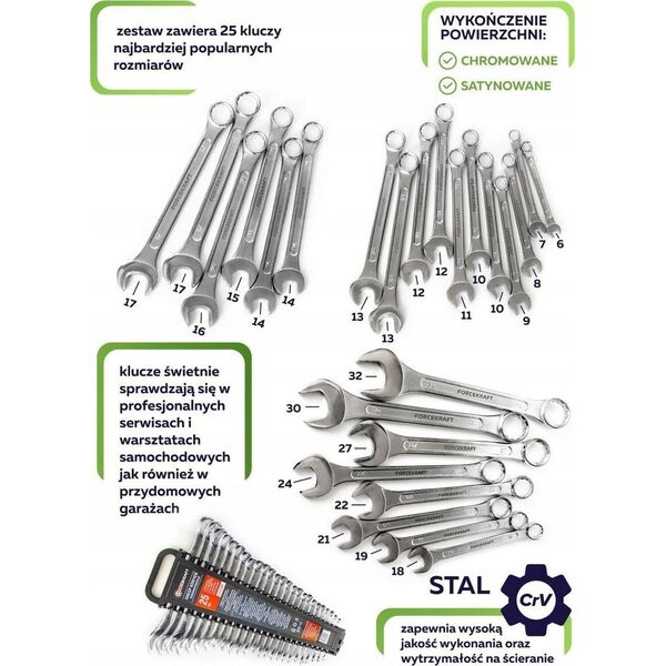 Forcekraft Zestaw kluczy płasko-oczkowych 25el. (6-32mm) Cr-V