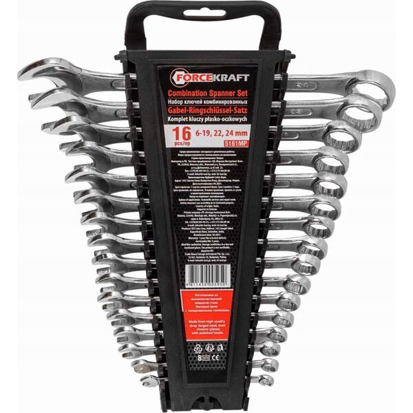 Forcekraft Klucze płasko-oczkowe, zestaw 16el. (6- 19,22,24mm) w plastikowym uchwycie