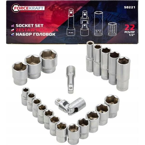 Forcekraft Zestaw nasadek 1/2" 22el. (6-kątnych)