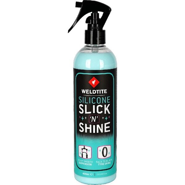 Weldtite Nabłyszczacz ochronny WELDTITE SILICONE SLICK 'N' SHINE 400 ml, Do opon, goleni amortyzatorów i amortyzowanych sztyc (NEW 2025)
