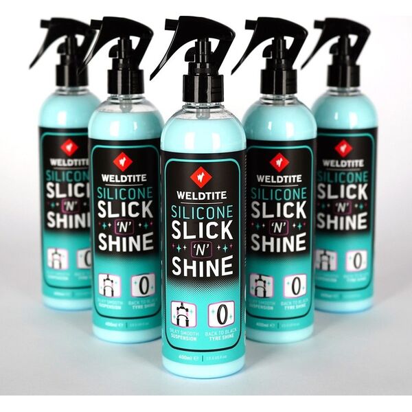 Weldtite Nabłyszczacz ochronny WELDTITE SILICONE SLICK 'N' SHINE 400 ml, Do opon, goleni amortyzatorów i amortyzowanych sztyc (NEW 2025)