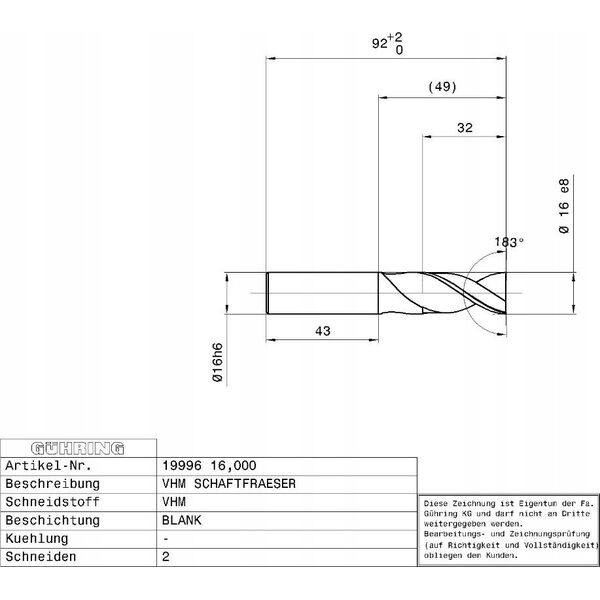 Ghring Carbide milling cutter GUHRING ALU 19996 6.0 mm