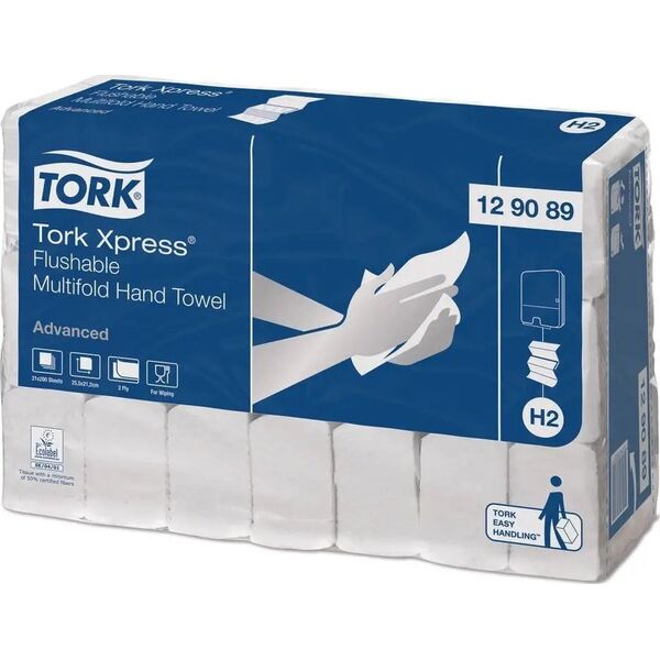 Håndklædeark Tork H2 Advanced Flushable 2-lag Hvid,21 pk x 200 stk/krt