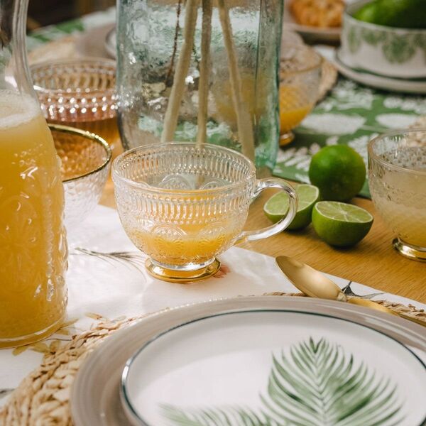 Glass cup Homla BARREL with patterns and a golden base, 360 ml