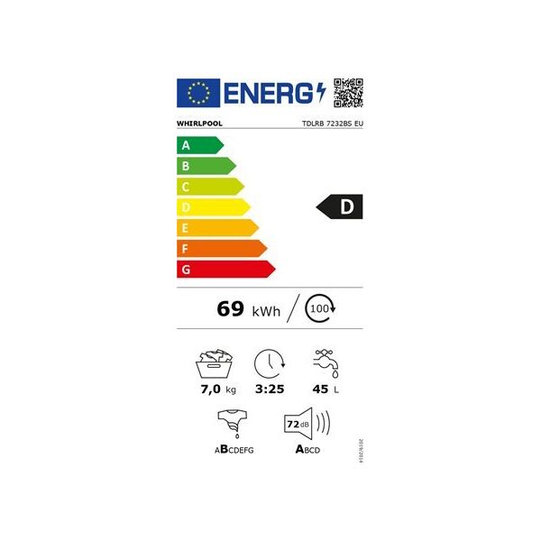 Whirlpool Washing Machine | TDLRB 7232BS EU | Energy efficiency class D | Top loading | Washing capacity 7 kg | 1200 RPM | Depth 60 cm | Width 40 cm | LED | White