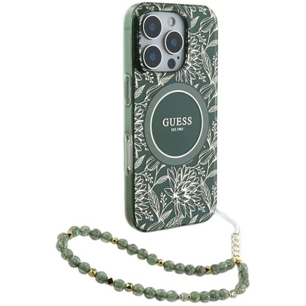 Guess GUHMP16XHCPOFPA iPhone 16 Pro Max   6.9" zielony/green hardcase IML Flowers Allover Electro With Pearl Strap MagSafe