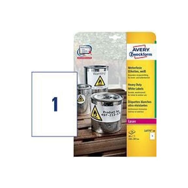 Avery Zweckform Białe etykiety Heavy Duty do drukarek laserowych 210x297mm 20 arkuszy (L4775-20)