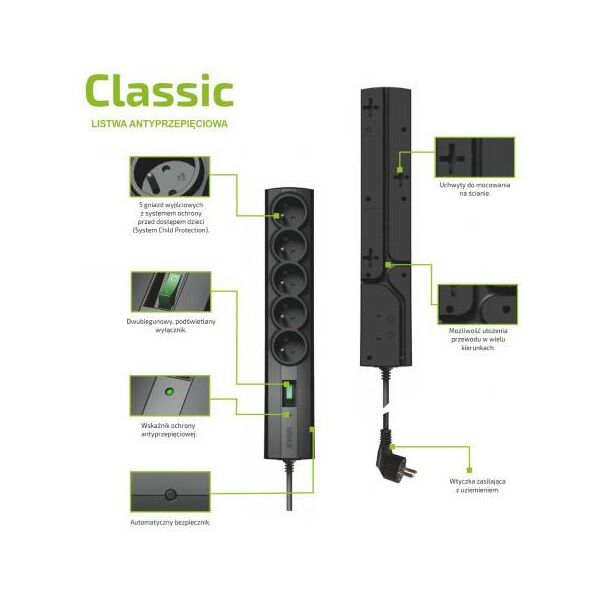 Listwa zasilająca Ever Classic przeciwprzepięciowa 5 gniazd 5 m czarna (T/LZ09-CLA050/0000)