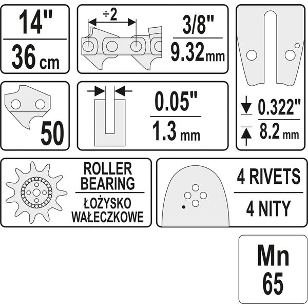 Yato Prowadnica łańcucha 14" podziałka 3/8" szerokość 0,05" 50G (YT-84930)