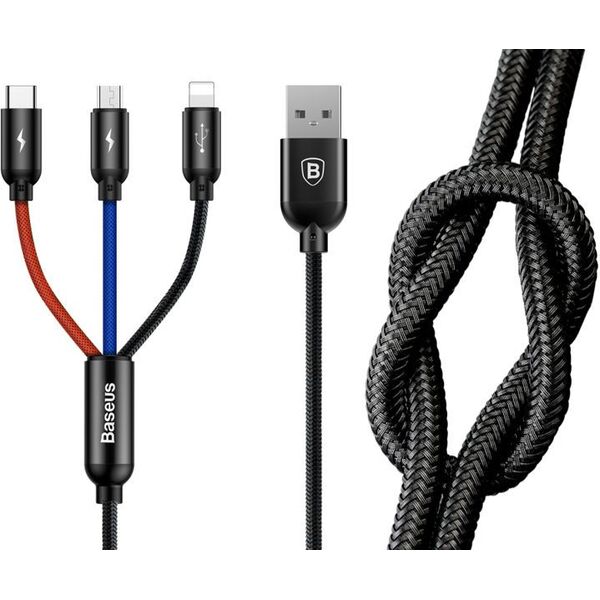 Kabel USB Baseus USB-A - USB-C + microUSB + Lightning 1.2 m Czarny (31567-uniw)