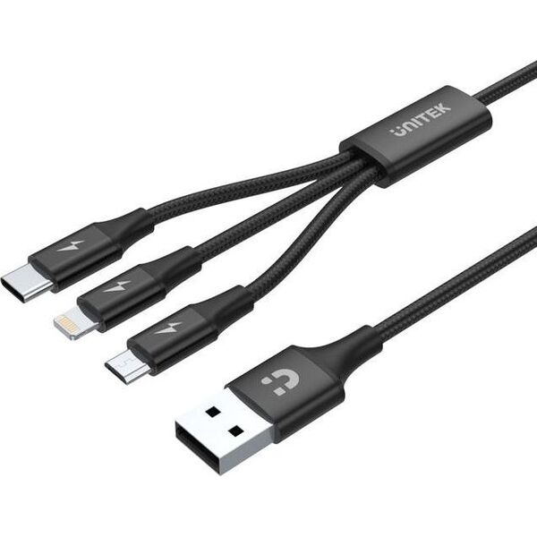 Kabel USB Unitek USB-A - USB-C + microUSB + Lightning 1.2 m Czarny (C14049BK)