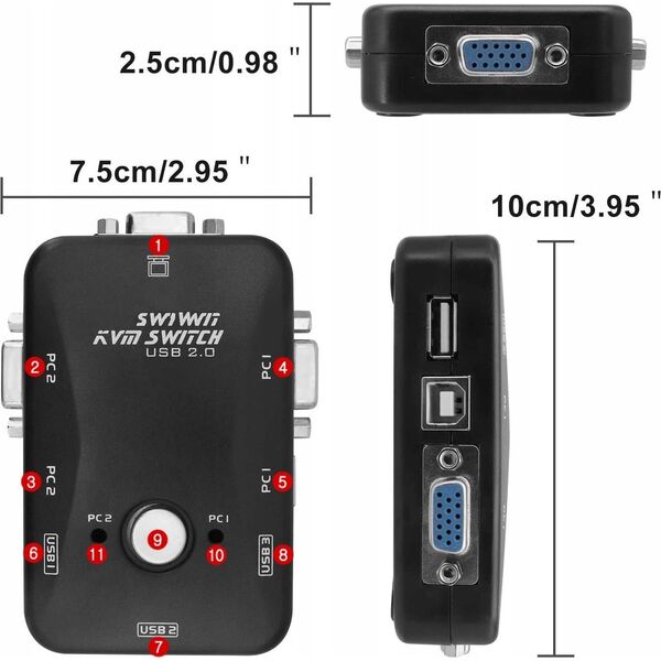 Przełącznik Pawonik PRZEŁĄCZNIK KVM VGA 2X1 SWITCH 3XUSB HUB BOX