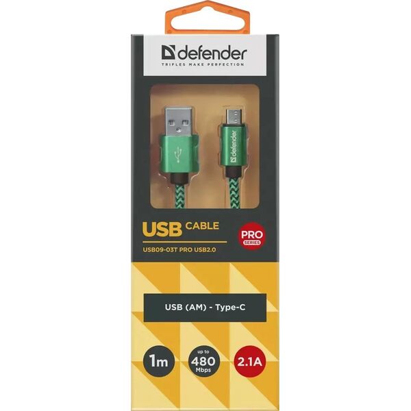 Kabel USB Defender USB-A - USB-C 1 m Zielony (87816)