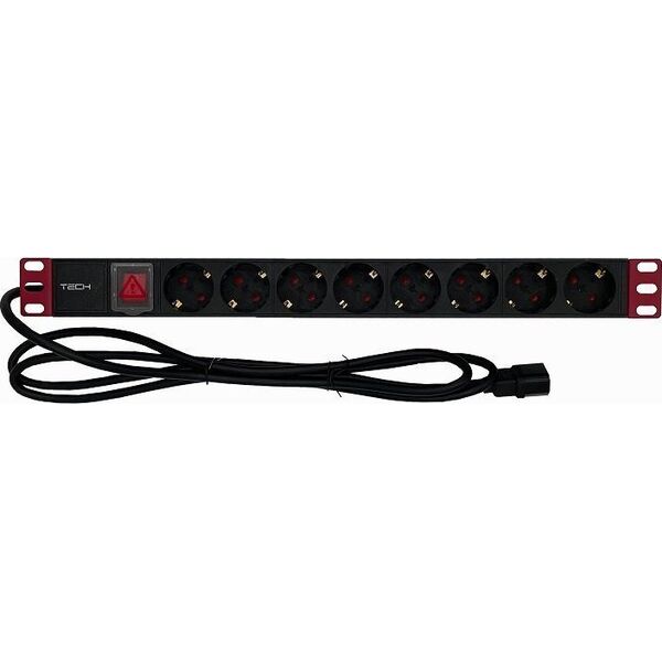 Techly Listwa zasilająca Rack 1U 8x Schuko, włącznik, kabel C14 2m