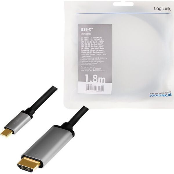 Kabel USB LogiLink USB-C - HDMI 1.8 m Czarno-srebrny (CUA0101)