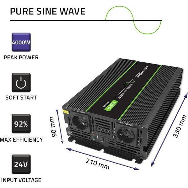 Przetwornica Qoltec Przetwornica napięcia Monolith | 2000W | 4000W | 24V na 230V | Czysty Sinus