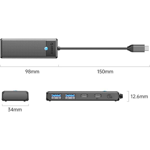 HUB USB Orico PAPW2AC-C3-015-BK-EP 2x USB-C  + 2x USB-A 3.0 (PAPW2AC-C3-015-BK-EP)