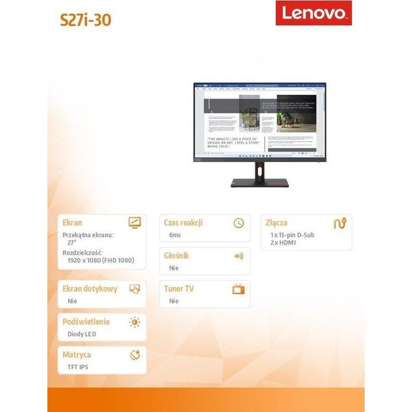 Monitor Lenovo ThinkVision S27i-30 (63DFKAT4EU)