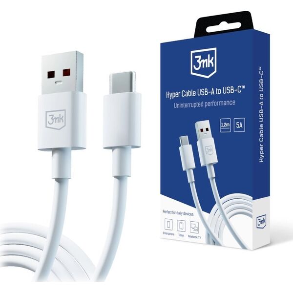 Kabel USB 3MK USB-A - USB-C 1.2 m Biały (Hyper Cable A to C 1.2m 5A)