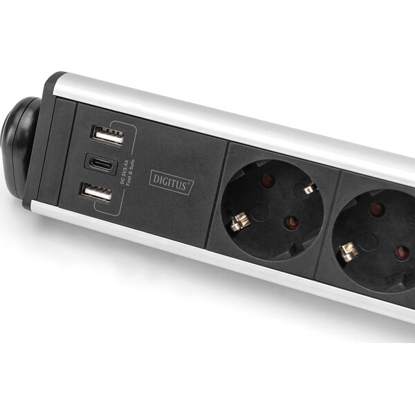Listwa zasilająca Digitus Listwa zasilajšca biurowa 45° 6 gniazd, 2xUSB-A 1xUSB-C (5V/3,4A) możliwoć obrotu o 180°, aluminiowa, z zaciskiem na blat
