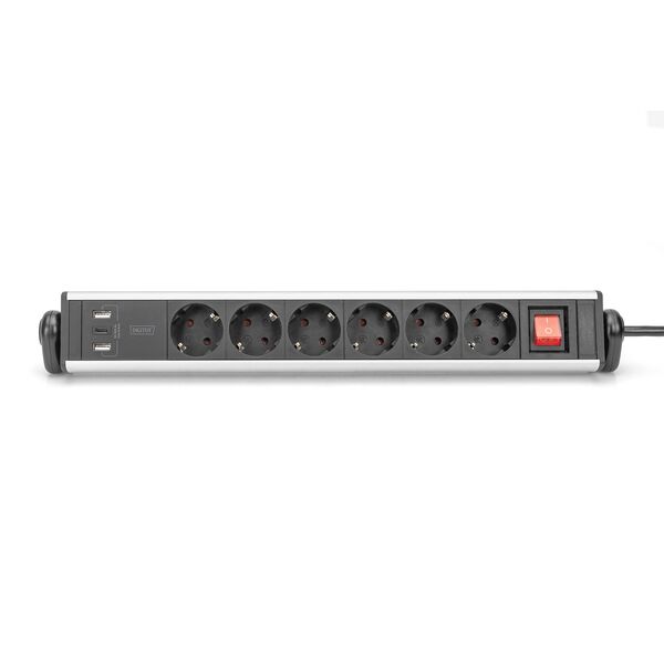 Listwa zasilająca Digitus Listwa zasilajšca biurowa 45° 6 gniazd, 2xUSB-A 1xUSB-C (5V/3,4A) możliwoć obrotu o 180°, aluminiowa, z zaciskiem na blat