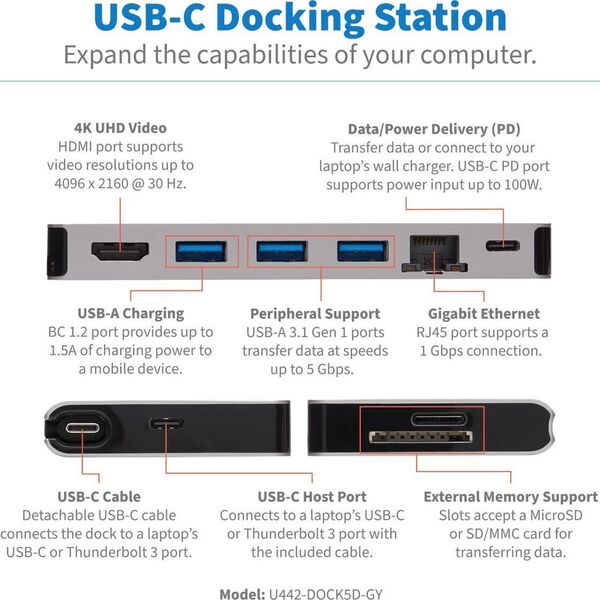 Stacja/replikator Eaton USB-C (U442-DOCK5D-GY)