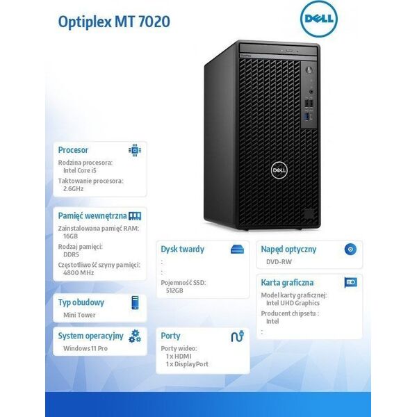 Komputer Dell DELL OptiPlex 7020 Intel Core i5 i5-14500 16 GB DDR5-SDRAM 512 GB SSD Windows 11 Pro Mini Tower PC Czarny