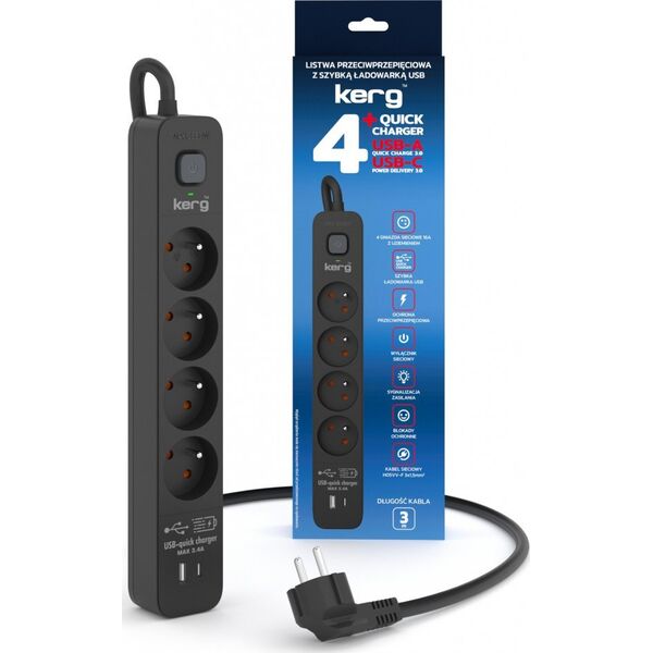 Listwa zasilająca Kerg Urządzenie zasilające zabezpieczające KERG z wyłącznikiem 4 gniazda USB-C USB-A czarne 3m 16A H05VV-F 3x1,5mm2