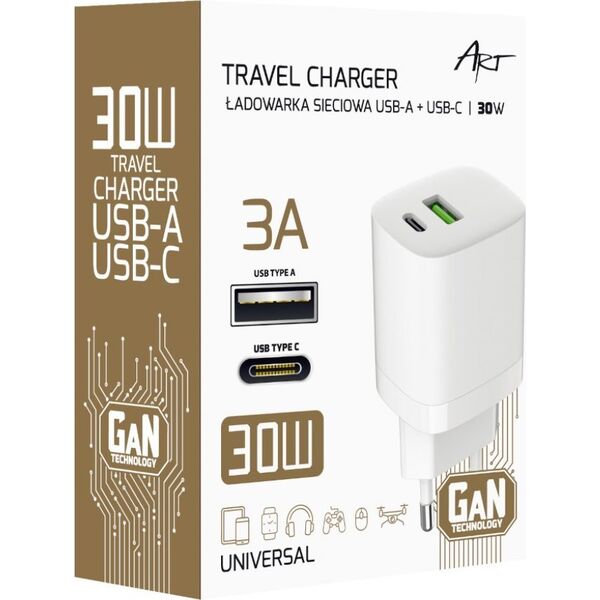 Ładowarka Art ŁADOWARKA SIECIOWA GaN PD/QC 4.0 1x USB-C 1x USB-A 30W ART