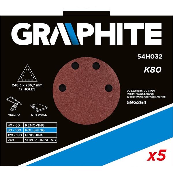 Graphite Papier ścierny na rzep K80, trójkątny z 12 otworami, 5szt do szlifierki 59G264