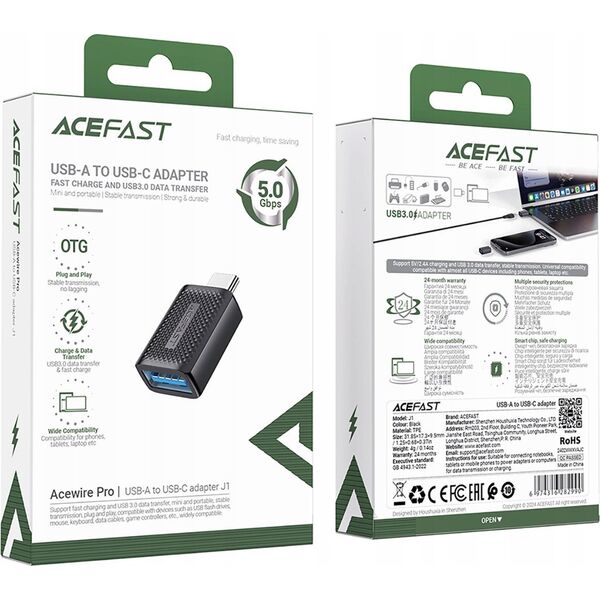 Προσαρμογέας Acefast USB Προσαρμογέας Acefast J1 USB-A 3.0 (Γυναίκα) σε USB-C 3.0 (Άνδρας) 5Gb/s - Μαύρο 14206912 6974316282990