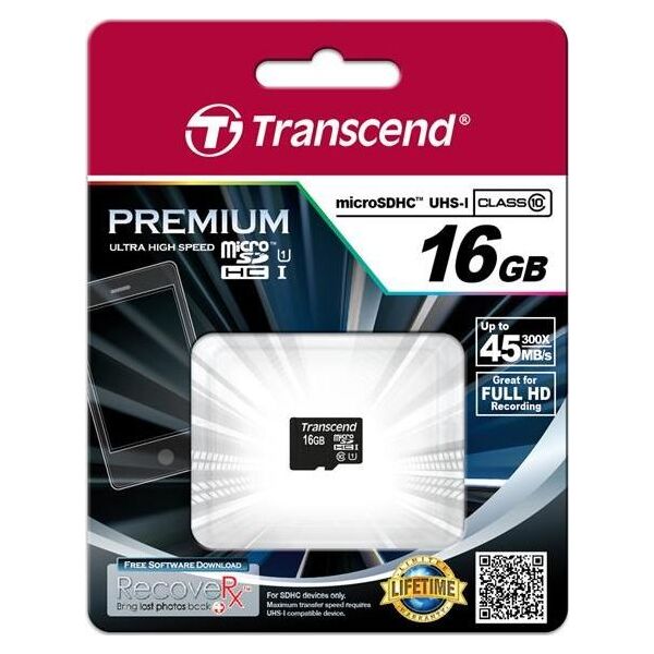 Karta Transcend Premium MicroSDHC 16 GB Class 10 UHS-I/U1  (TS16GUSDCU1)