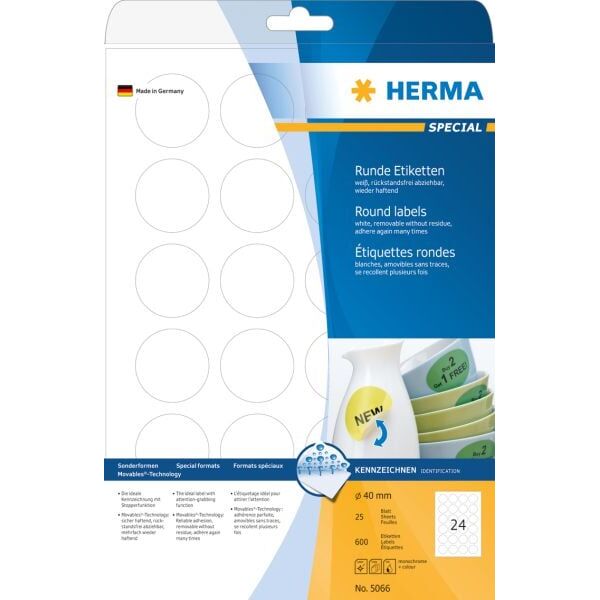 Herma Etykiety odklejalne Movables okrągłe, białe, papier matowy, 600 szt. (5066)