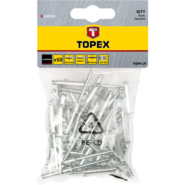 Topex Nity aluminiowe 3,2x8mm 50szt. - 43E301