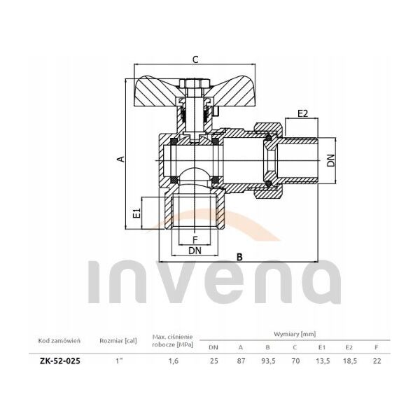 Invena ZAWOR WODA KATOWY ZE SRUBUNKIEM DN-25 CZER