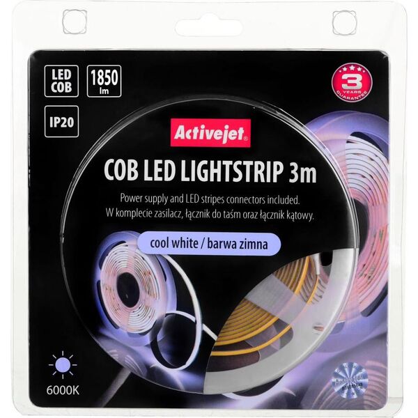 Taśma LED Activejet Taśma LED COB 3m z zasilaczem barwa zimna IP20