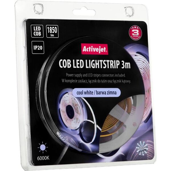 Taśma LED Activejet Taśma LED COB 3m z zasilaczem barwa zimna IP20