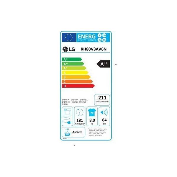 Suszarka do ubrań LG LG Dryer Machine RH80V3AV6N Energy efficiency class A++, Front loading, 8 kg, LED touch screen, Depth 69 cm, Wi-Fi, White