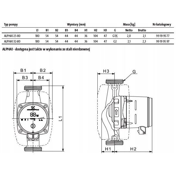 Grundfos Pompa ALPHA1 25-80 180 1X230V 50Hz6H