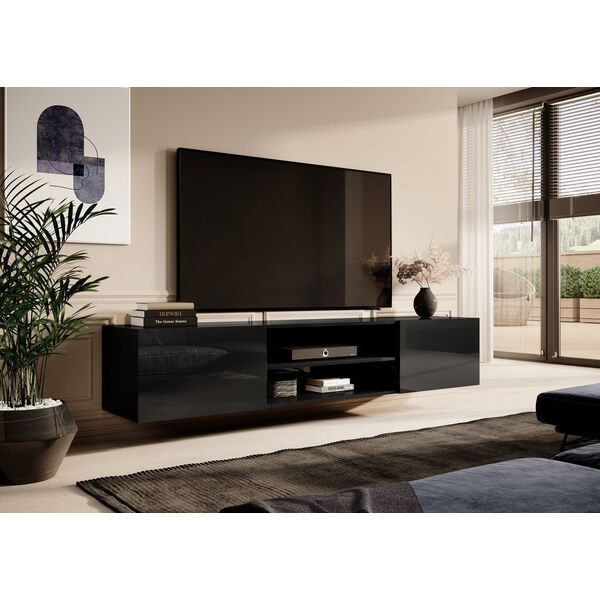 Cama Meble Szafka RTV SLIDE 200K 200x40xH37 cała w czarnym połysku