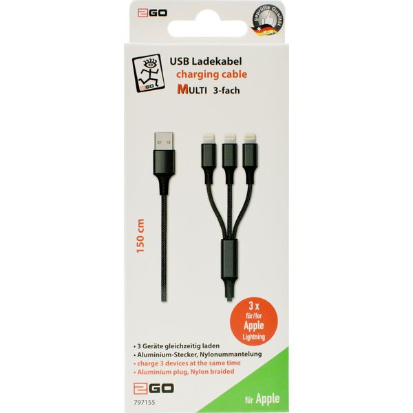 Kabel USB 2GO USB-A - USB-C + microUSB + Lightning 1.5 m Czarny (797155)