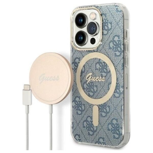 Ładowarka Guess Zestaw Guess etui + ładowarka bezprzewodowa GUBPP14LH4EACSB Apple iPhone 14 Pro niebieski/blue hard case 4G Print MagSafe