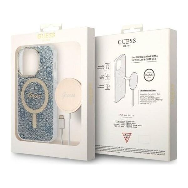 Ładowarka Guess Zestaw Guess etui + ładowarka bezprzewodowa GUBPP14LH4EACSB Apple iPhone 14 Pro niebieski/blue hard case 4G Print MagSafe