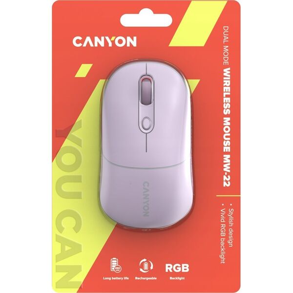 Mysz Canyon CANYON MW-22, 2 in 1 Wireless optical mouse with 4 buttons,Silent switch for right/left keys,DPI 800/1200/1600, 2 mode(BT/ 2.4GHz), 650mAh Li-poly battery,RGB backlight,Pearl rose, cable length 0.8m, 110*62*34.2mm, 0.085kg