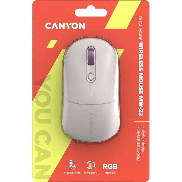Mysz Canyon CANYON MW-22, 2 in 1 Wireless optical mouse with 4 buttons,Silent switch for right/left keys,DPI 800/1200/1600, 2 mode(BT/ 2.4GHz), 650mAh Li-poly battery,RGB backlight,Rice, cable length 0.8m, 110*62*34.2mm, 0.085kg